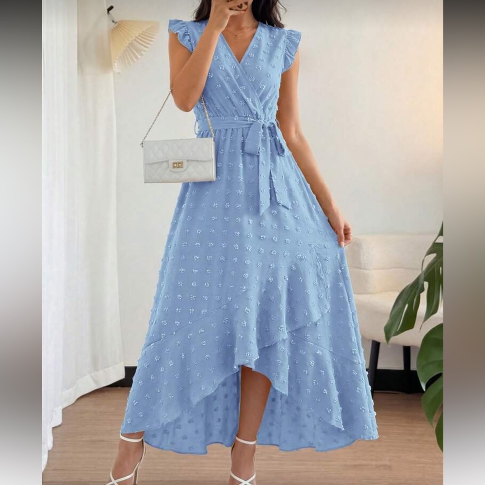 Elegant Sky Blue  High-Low Midi Dress with Tie Waist